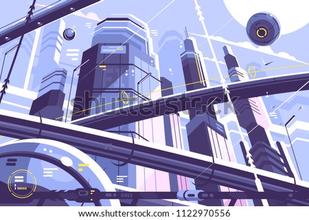 City metropolis of future with skyscrapers and hyperloop. Vector illustration