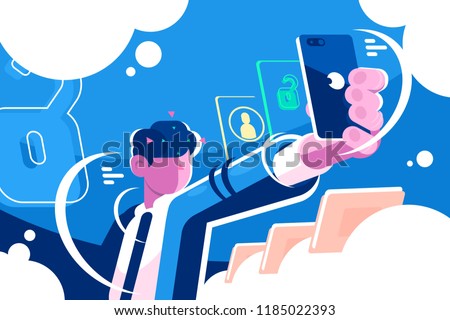 Man holding smartphone getting access device. Face identification mobile phone front camera shoot. Digital security technologies concept horizontal flat. Vector illustration