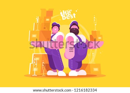 Couple loaders movers team with cardboard boxes. Two men in uniform. Moving and delivery company concept. Flat. Vector illustration.