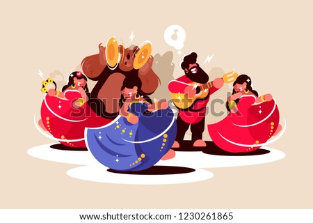 Gypsy ensemble dancing and playing on instruments. Women in beautiful colorful dresses man with guitar and bear with musical cymbals flat style concept vector illustration