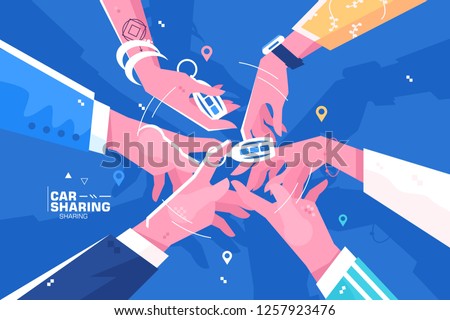 Car sharing hand holding auto keys. Practice of share automobile for regular traveling or commuting flat style concept vector illustration. Transport renting service