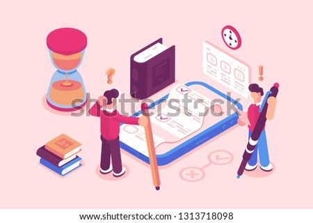 Online testing or exam service vector illustration. Boy taking test on mobile phone via web app. Modern gadget with checklist choosing answer or questionnaire form. E-learning education concept