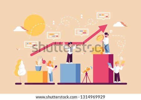 Strategy of long term planning vector illustration. Businessman building up analyzing project financial report and successful business development. Team working with graph chart and growth arrow