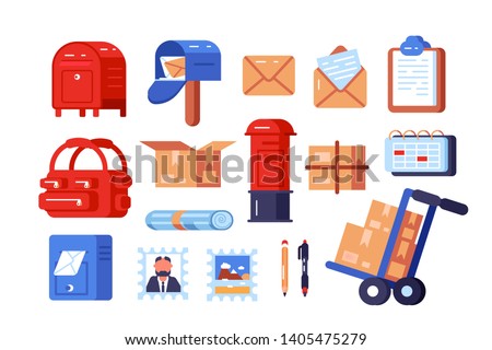 Post office symbols set vector illustration. Composition consists of different postboxes envelopes parcel boxes and stamps flat style concept. Isolated on white