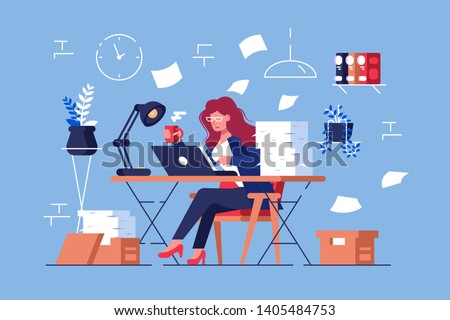 Large amount of work vector illustration. Busy overworked woman sitting at table with laptop and pile of papers in office flat style design. Workflow in full swing