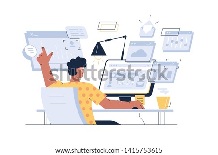 Busy man at workplace vector illustration. Overworked guy sitting at computer and working with many open programme windows flat style design. Workflow in full swing concept