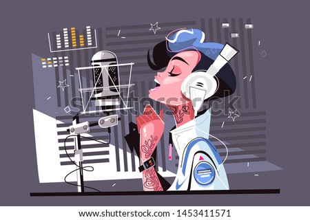 Voice recording studio vector illustration. Pretty cartoon woman in stylish clothes standing with headphones and singing flat style concept. Girl records new song