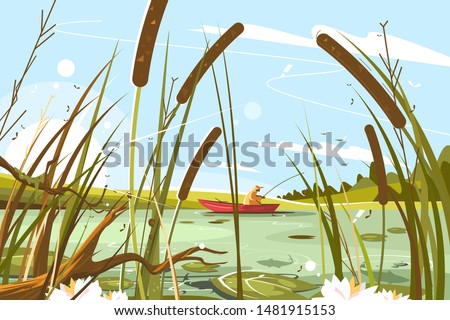 Fisherman fishing in pond vector illustration. Man sitting in boat with fish-rod and waiting nibble flat style concept. Blue sky and green reeds landscape. Catching fish hobby concept