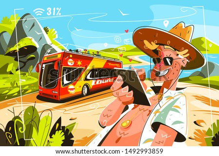 Cheereful tourists on bus vector illustration. Cartoon smiling man in shirt and cap surfing internet wia tablet flat style design. Travellig and adventure concept Zdjęcia stock © 