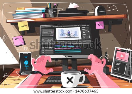 Animator designer in creative process vector illustration. Man sitting at workplace and working at new art project. Modeling artist job, motion graphic creator profession flat style concept Foto stock © 