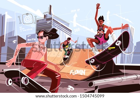 Modern urban skateboard park vector illustration. Guys in casual clothes skateboarding and showing exciting tricks flat style design. City landscape on background. Extreme sport concept