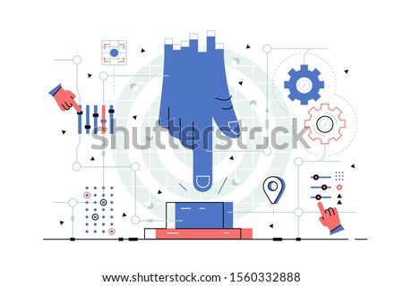 Enable option of manual controlling vector illustration. Enormous blue hand trying to touch big colorful button in room with mechanisms flat style design. IT maintenance concept