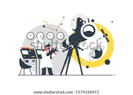 Astronomer watching stars vector illustration. Specialist searching constellations via telescope in modern observatory flat style design. Study of astronomy concept