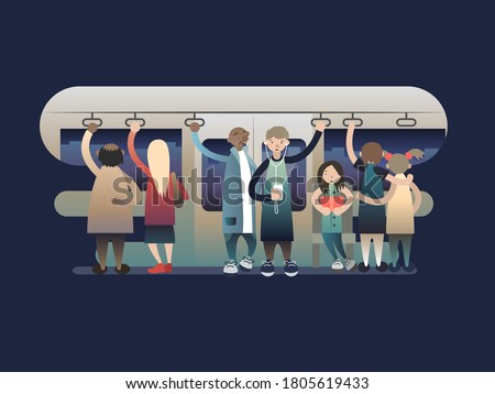 Onlookers passengers in trasport. Transportation train, metro or subway, railway urban, illustration Stock fotó © 