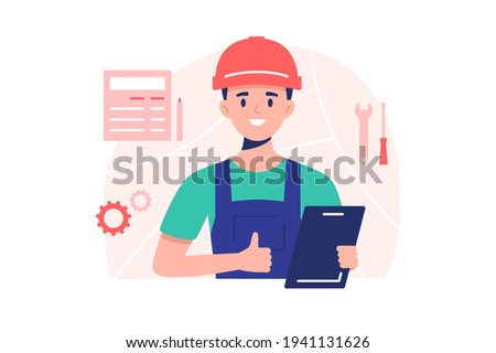 Male worker in uniform vector illustration. Man wearing protective helmet flat style. Person holding clipboard and showing thumbsup. Construction site and repair service concept. Isolated on white