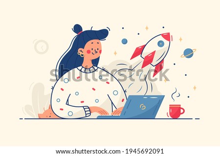 Woman working on startup vector illustration. Lady using laptop for work idea flat style. Rocket as symbol for startup. Creative job and inspirational process concept. Isolated on yellow background