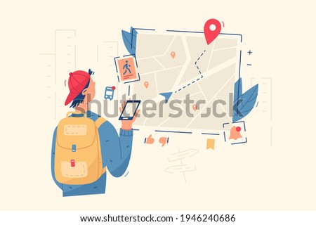 Guy look in navigation map vector illustration. City map with gps pins, direction markers for navigation flat style. Gps navigator and online location system concept. Isolated on white background