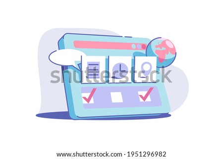 Site service usage vector illustration. Modern device with internet connection and screen tabs flat style. Worldwide search. Technology and fun concept. Isolated on white background