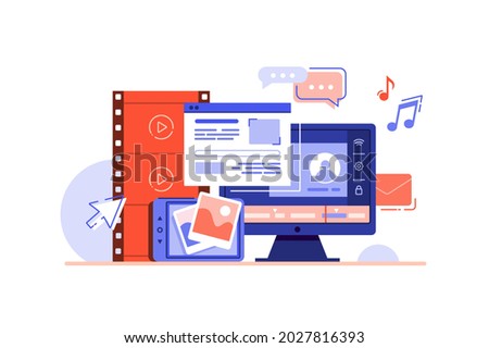 Social network and media devices vector illustration. Big variety of multimedia equipment flat style. Multimedia, digital marketing concept