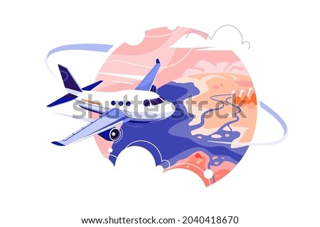 Airplane flying through clouds in sky vector illustration. Go on vacation flat style. Travel around world, explore new places concept