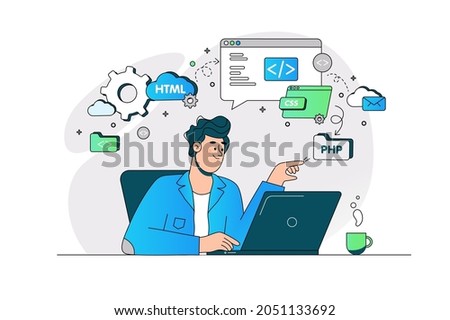 Guy busy with website page development vector illustration. Creating site for multiple platform flat style. Web design, customize concept