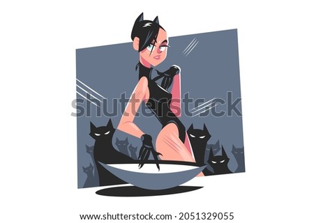 Cat woman in costume vector illustration. Superhero catwoman with black cats flat style. Halloween and movie hero character concept. Isolated on white background