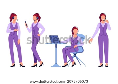 Woman character worker from technical support vector illustration. Faceless operator in suit in headset flat style. Support service concept