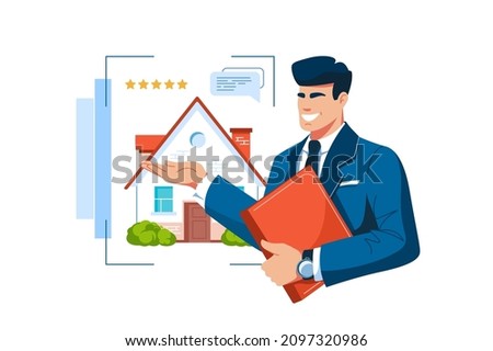 Smiling man realtor worker sell elite houses vector illustration. Present luxury new building flat style. Real estate, accommodation concept