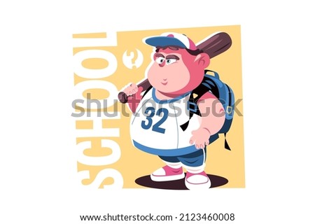 Overweight school boy with bat vector illustration. Chubby cartoon character in school uniform flat style. Pudgy kid have excess weight. Childhood concept. Isolated on white background Stock foto © 
