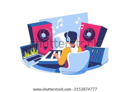Music composer creating and recording music at workplace with computer, professional equipment, software vector illustration. Musician idea