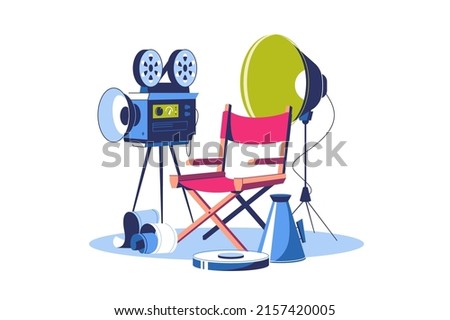 Movie, cinema making professional equipment for recording film vector illustration. Megaphone, camera, lighting and director chair flat concept