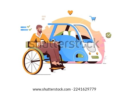 Disabled man in wheelchair near car vector illustration. man near vehicle flat style concept