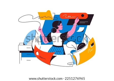 Woman copywriter writing new post for social media vector illustration. Author at laptop. Copywriting and blogging concept