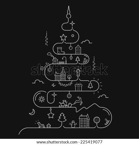 Vector illustration of Abstract Christmas tree in line style with elements of Christmas, New Year, winter themes