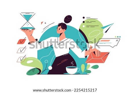 Woman working on multiple tasks. Work efficiency and effective workflow concept vector illustration.