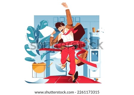 Office worker races down corridor crossing finish line, vector illustration. Businessman triumphantly waving document and dropping papers in excitement. Finishing first symbolizes success.