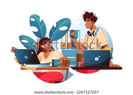 Two colleagues working together with laptops, smiling, and surrounded by office documents and plants, vector illustration.