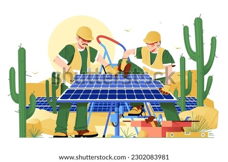 Workers install solar panel in desert, vector illustration. Solar energy generation concept.