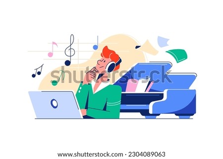 Music producer composes music sitting by table with piano background, vector illustration.