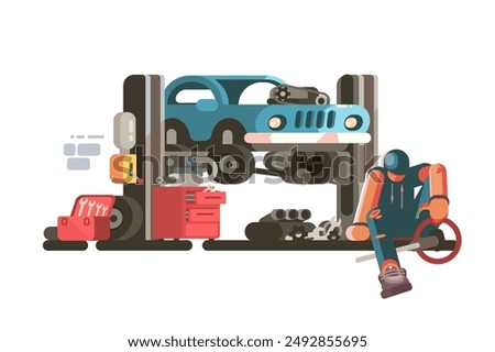 Car Mechanic Repairing Vehicle. Vector illustration showing auto repair shop with mechanic and car on lift