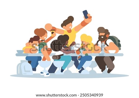 Friends Party Group Selfie Illustration. Vector illustration of young friends enjoying and taking selfies together.