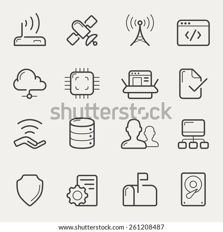 Network and servers icon set in line/stroke style.