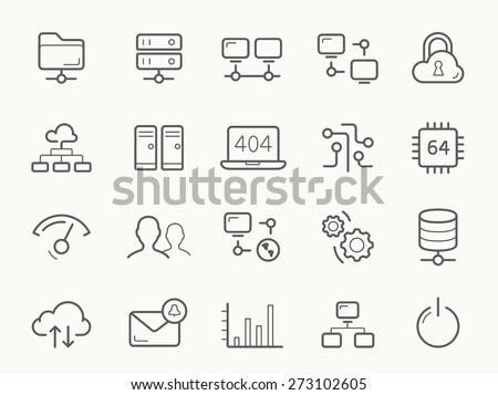 Network Hosting and Servers Line stroke vector Icons.