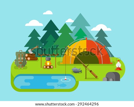 Outdoor recreation. Fishing camp.Tent and travel, recreation and picnic, backpack and camping, adventure tourism. Flat vector illustration