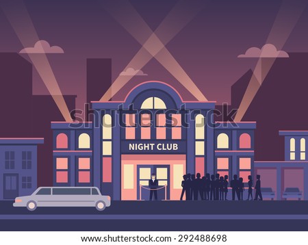 Building nightclub full house. Nightlife  evening, entertainment and event, disco show, flat vector illustration
