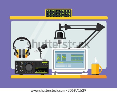 Professional radio station studio with microphone and other equipment on table flat vector illustration