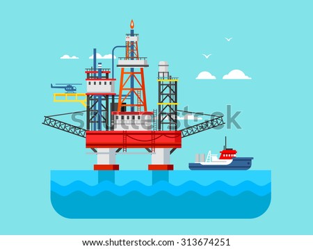 Drilling rig at sea. Oil platform, gas fuel, industry offshore, drill technology, flat vector illustration