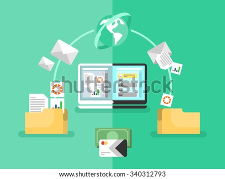 Electronic document management. Data digital file, system storage, computer archive, information database, order catalog, flat vector illustration