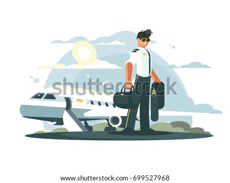 Profession pilot of aircraft. Man in uniform standing near airplane. Vector illustration