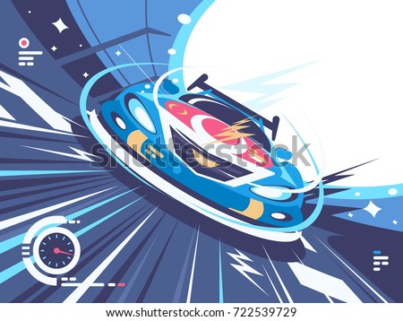 Power racing car on speed track. Car competitions, vector illustration
